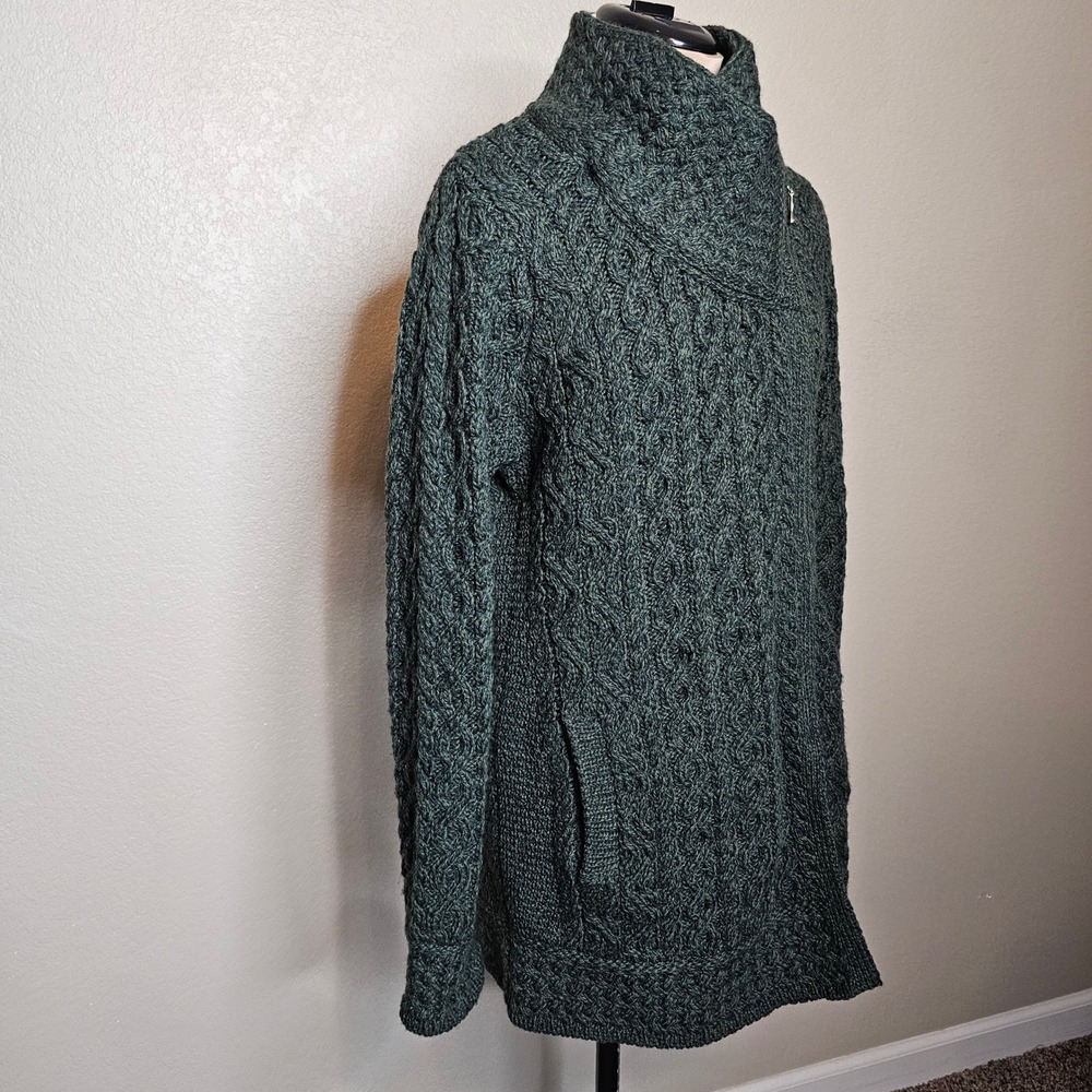 NWOT Aran Crafts Irish Merino Wool Side Zip Cardigan Sweater Coat Green Small - Picture 5 of 9